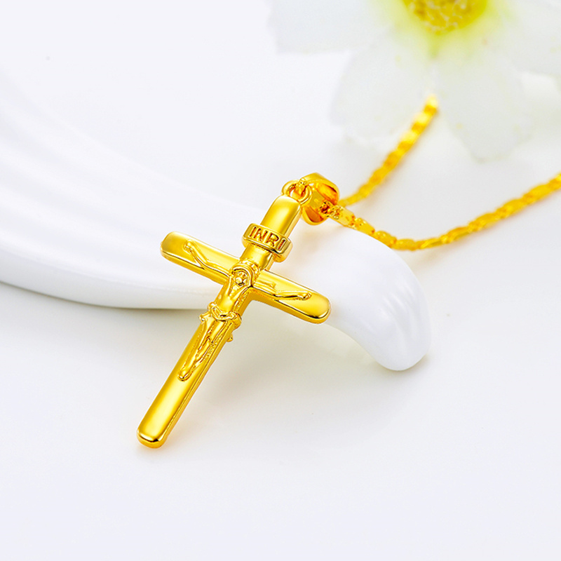 Collier couleur or 24 carats, pendentif croix, pour femmes/hommes, collier de Couple, bijoux