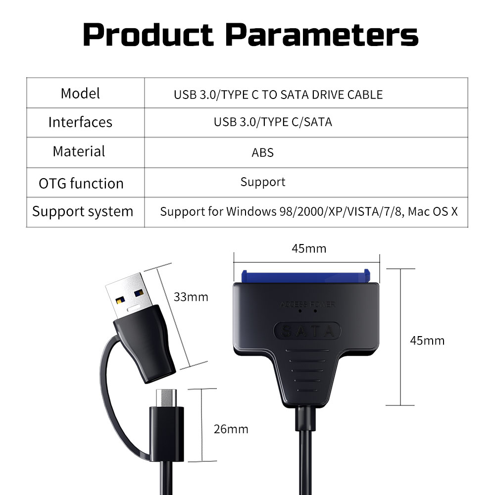 Usb 3.0 til sata/type-c-kabel usb til sata iii-driverkabel støtter 2.5- tommers 6 gbps hdd ssd-harddisk 22-- pinners adapter