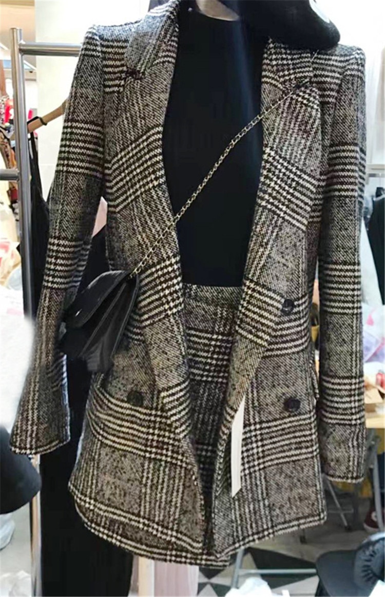 2 chaquetas de Otoño de manga larga abrigo de tela escocesa faldas de tweed conjunto de traje de dos piezas de talla grande