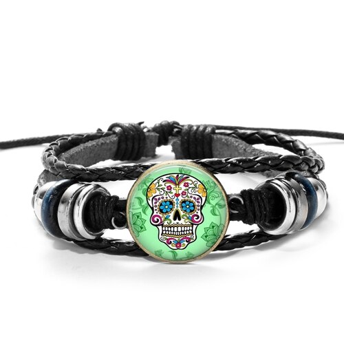 SIAN Sugar Skull Mexico Folk Art Patterns Bracelet Multilayer Braided PU Leather Bracelet Men Women Day of The Dead Special: Style 4