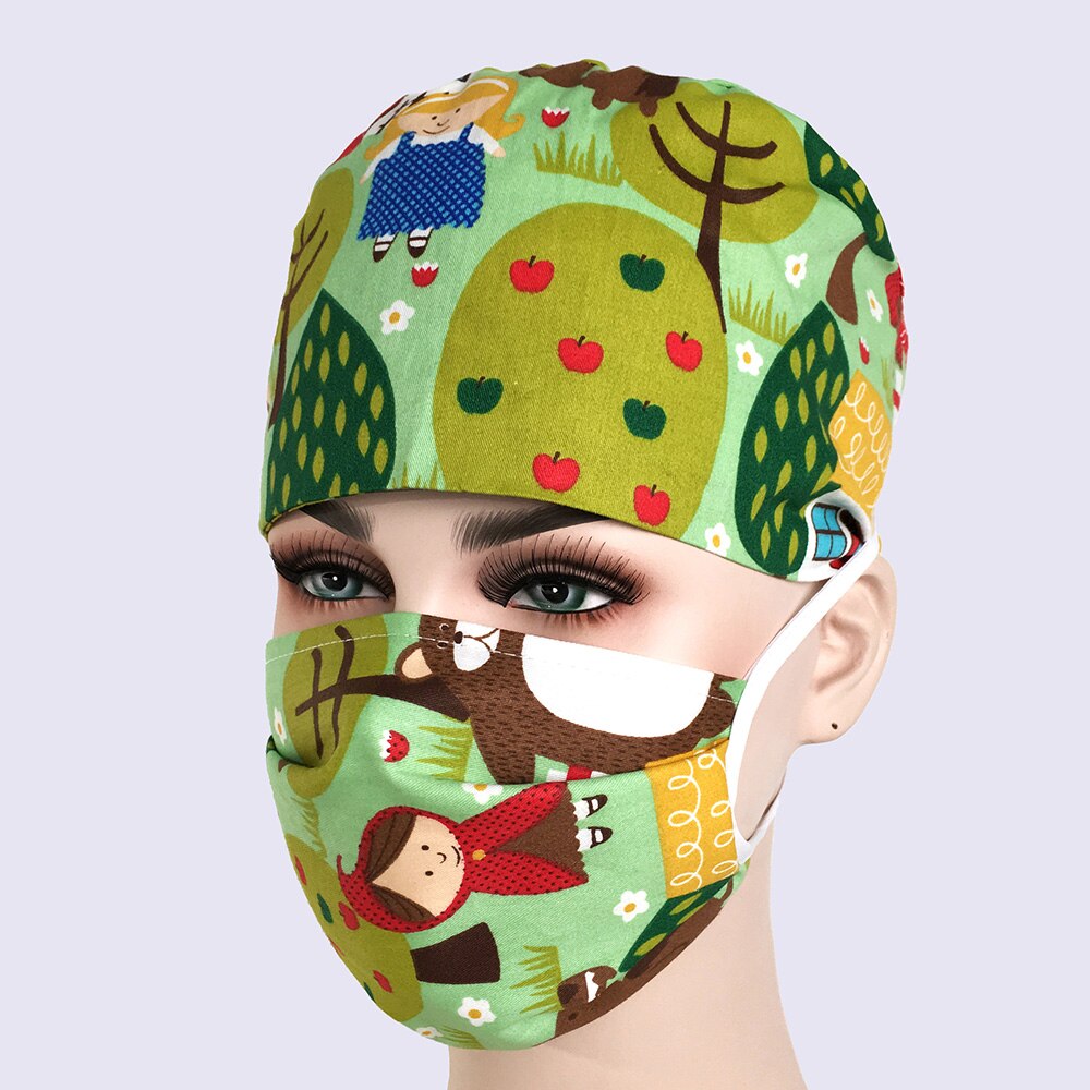 Ren bomuld print behagelig åndbar spa uniform scrub dame arbejdstøj top + justerbar tegneserie tryk scrub cap
