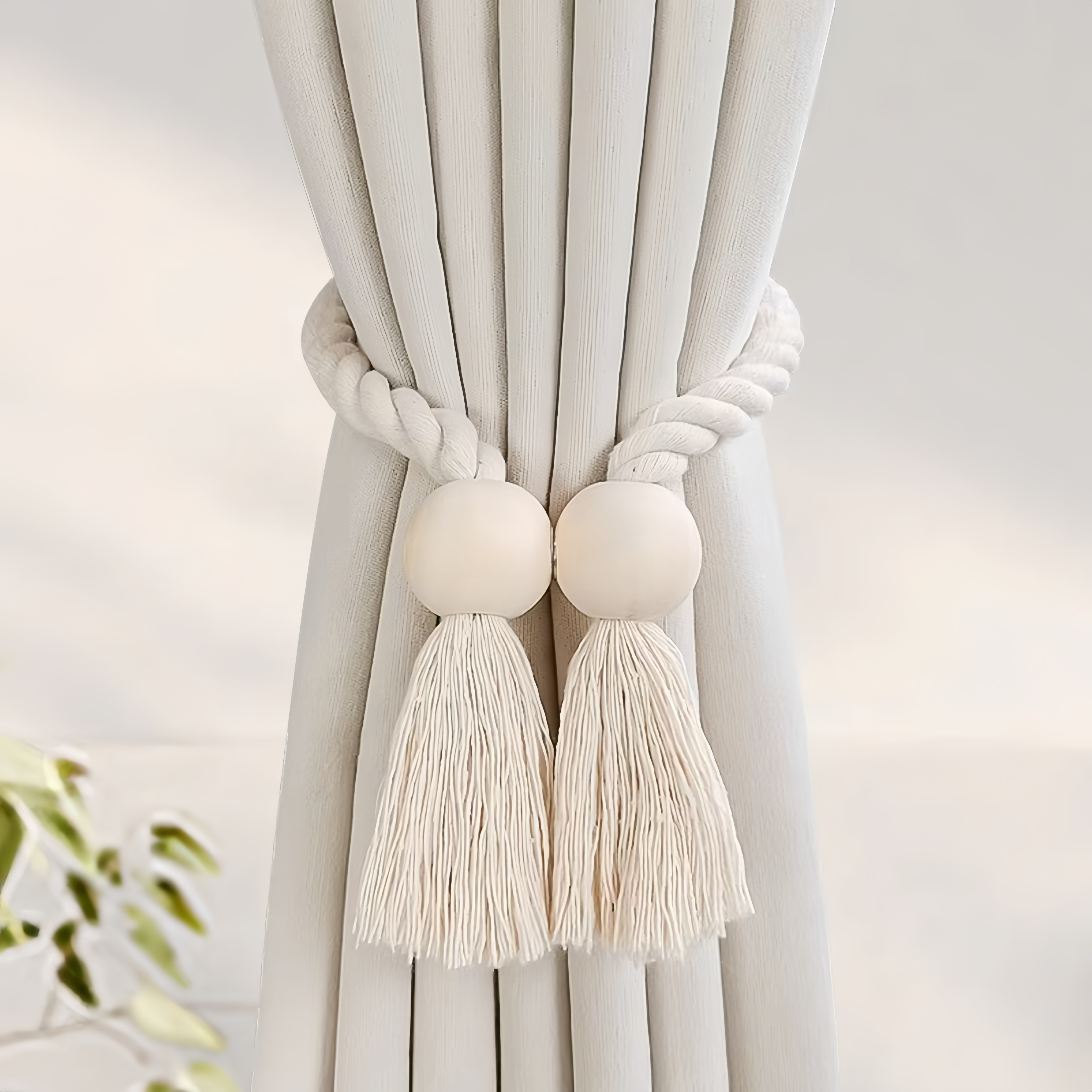 Amarre de cortina con nudo magnético de madera maciza tejido a mano con estilo Boho, adecuado para la decoración del hogar de la sala de estar y el dormitorio.: Blanco