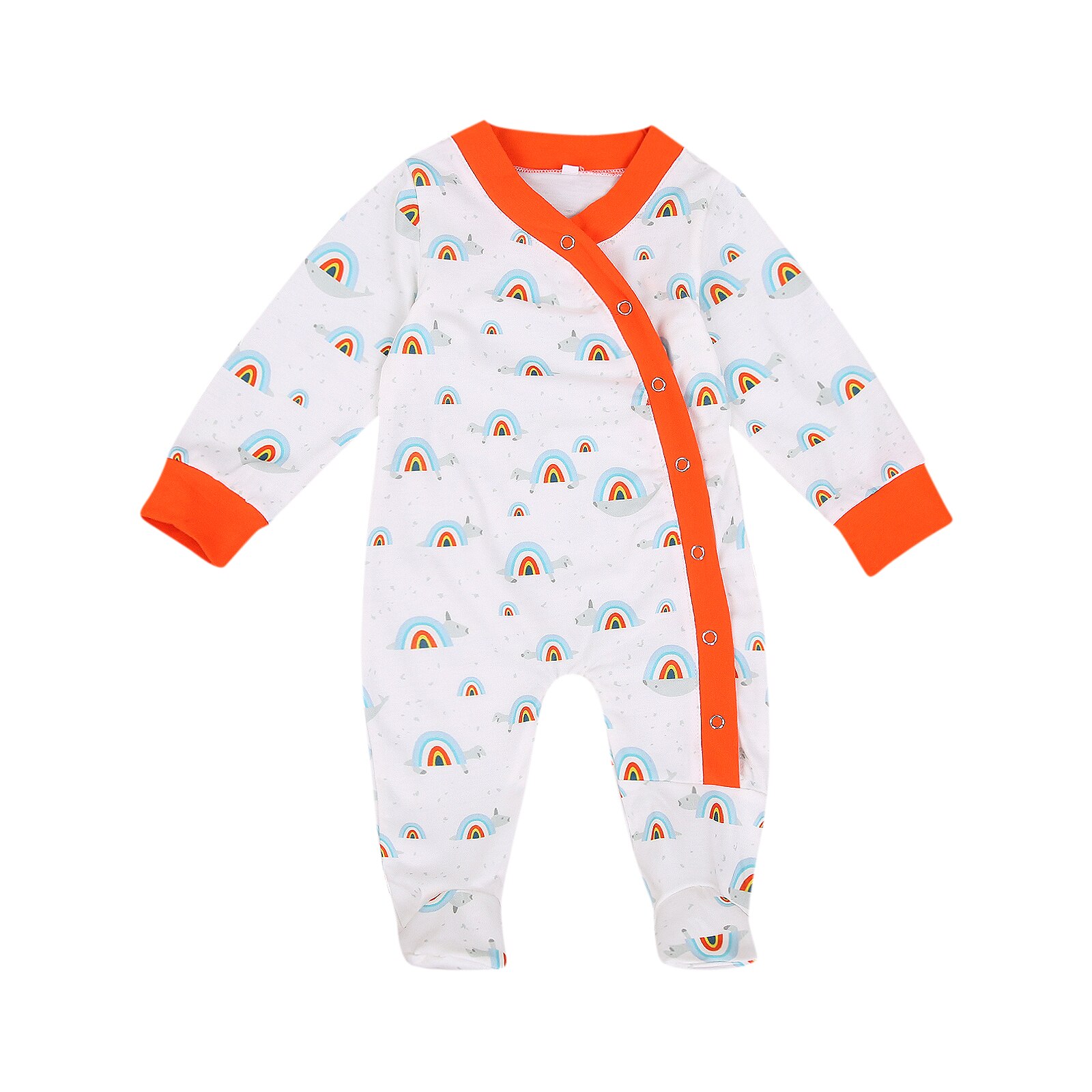 Spring Autumn Newborn Baby Girl Boy Rainbow Footies Infant Loose Long Sleeve Round Neck Footed Cover Jumpsuit Homewear