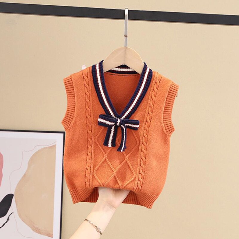 Wiosna jesień śliczne bowknot sweter nastolatek chłopięcy sweter w szpic kamizelka dzieci kamizelka szkoły dziewczyny zimowe swetry