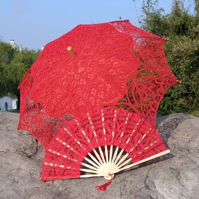 14 kleur keuze Nobele Elegante Paleis Stijl Lange Arm Bruids Paraplu/Borduren Boerenbont Lace Parasol kant Paraplu: Rood