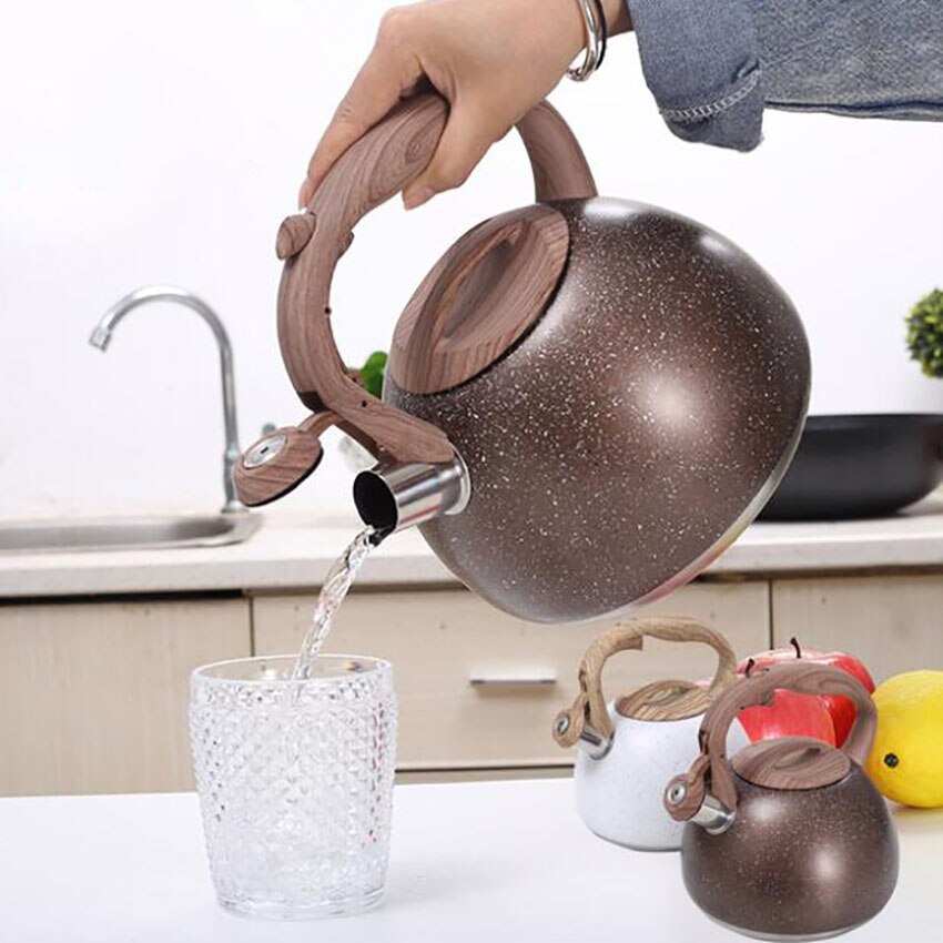 1Pc 3L Stainless Steel Water Kettle Antique Wood Pattern Nylon Handle Whistling Kettle Kitchen Flat Bottom Boiling Tea Kettles