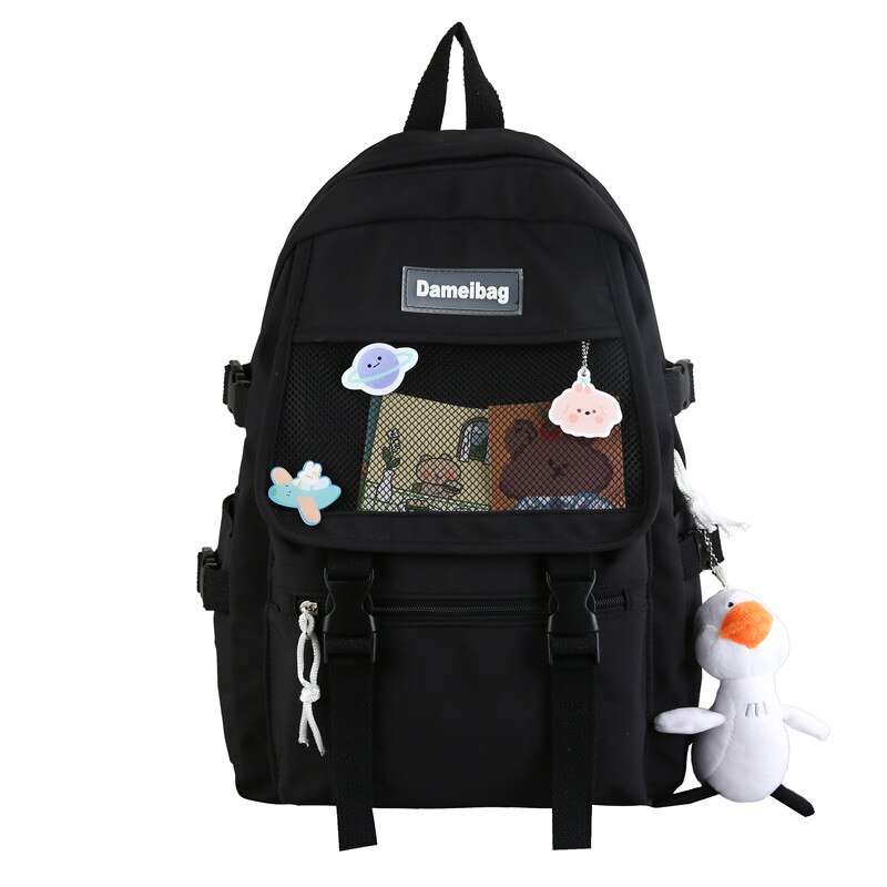 Estuaqueen Kawaii Nylon Vrouwen Rugzak Mode Waterdichte Rugzak Voor Tienermeisjes Schooltas Leuke Student Boekentas Reizen Mochila: Black / With Pendant