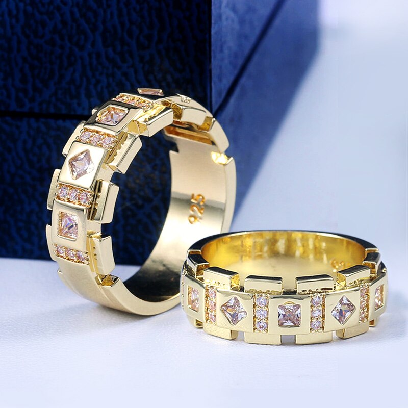 Huitan Punk Stylish Geometric Unisex Finger Rings Luxury Golden Color Micro Paved Bridal Rings Year's Ring