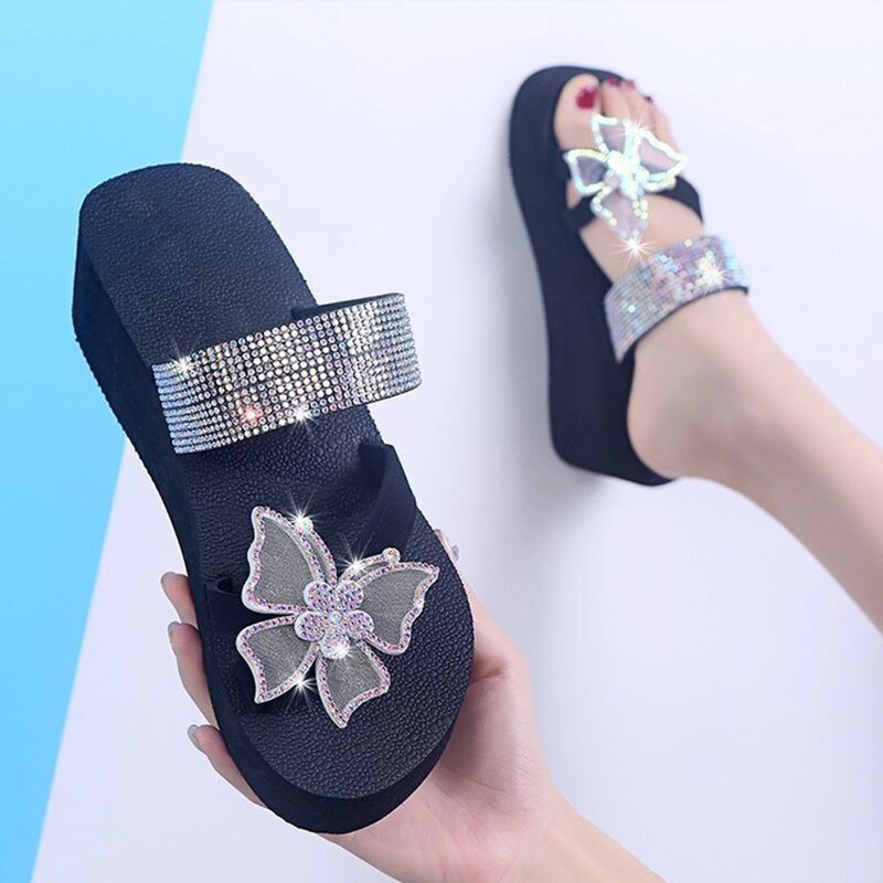 Pantoufles d'été pour femmes, chaussures à plateforme, strass, papillon, nouvelles chaussures à bout ouvert, , confortables, élégantes,