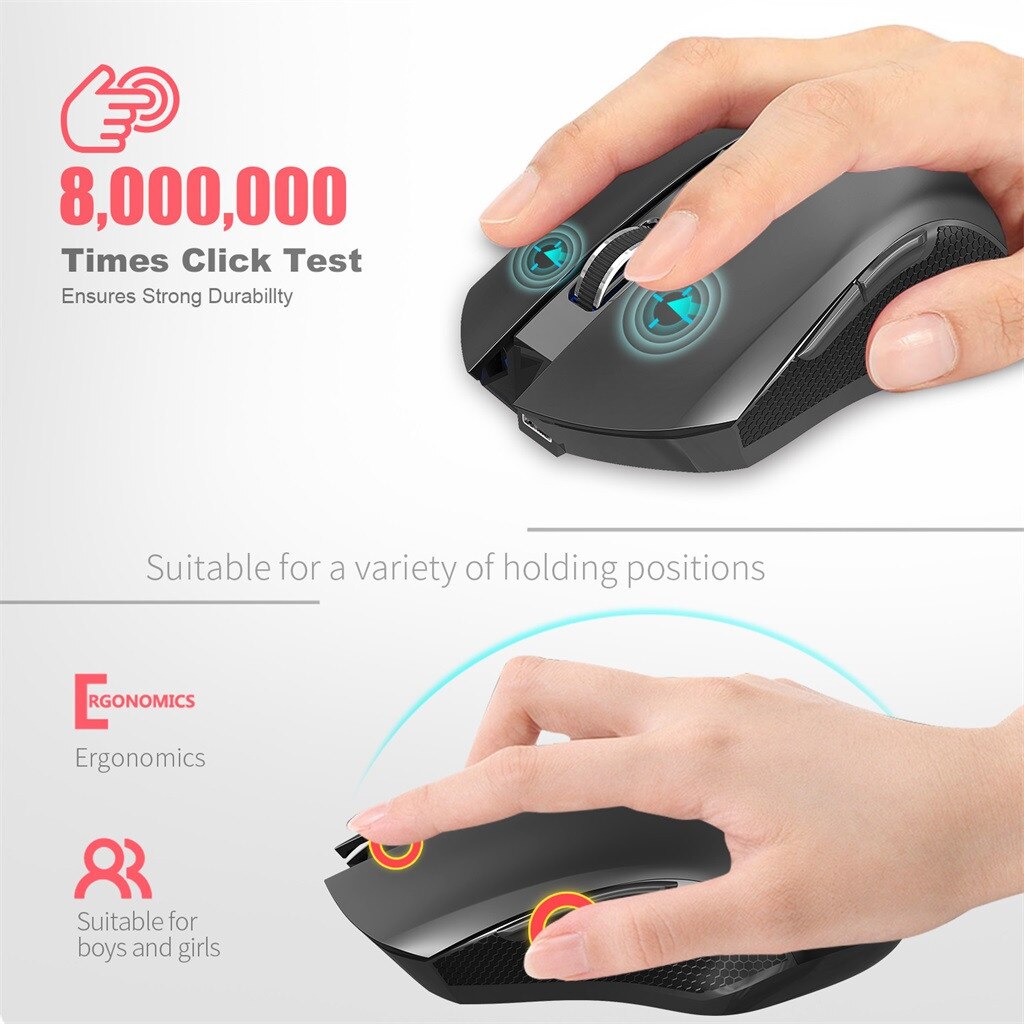Noise cancelling 2.4G USB Wireless Mouse 2400DPI Adjustable Rechargeable Colorful Lighting Game Gamer Mice for PC Laptop Gaming