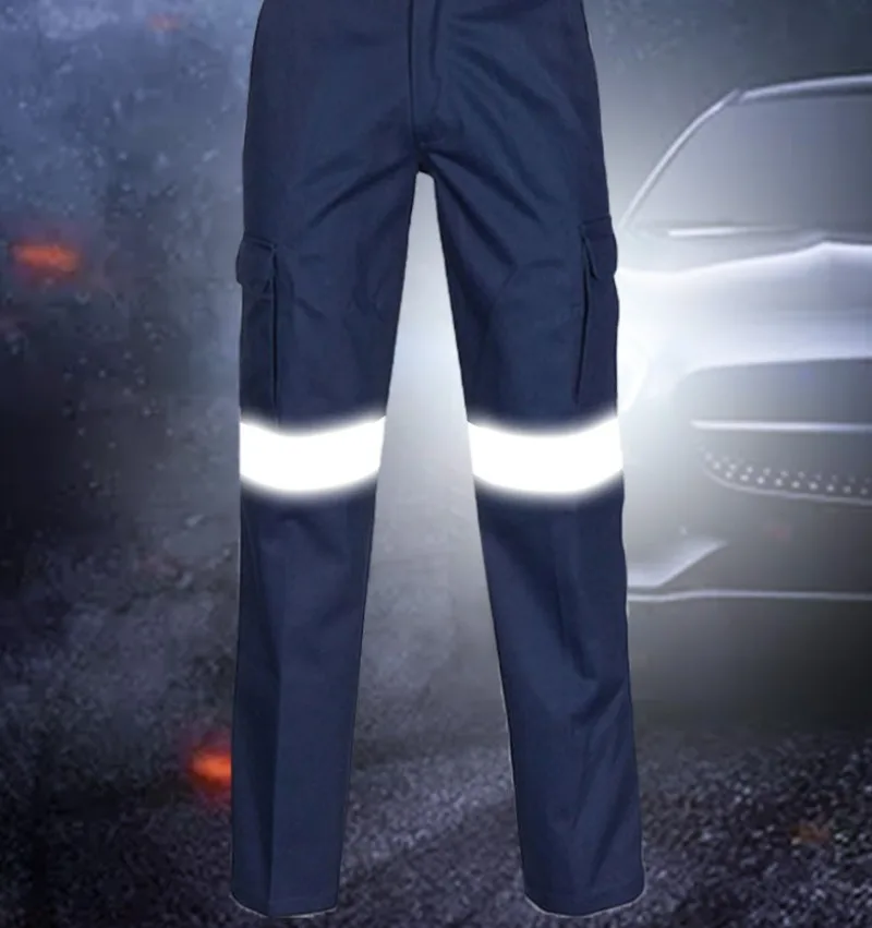 Pantalon de travail de Construction en tissu 100% coton pour hommes, avec bandes réfléchissantes, avec bande réfléchissante, vêtements de travail haute visibilité