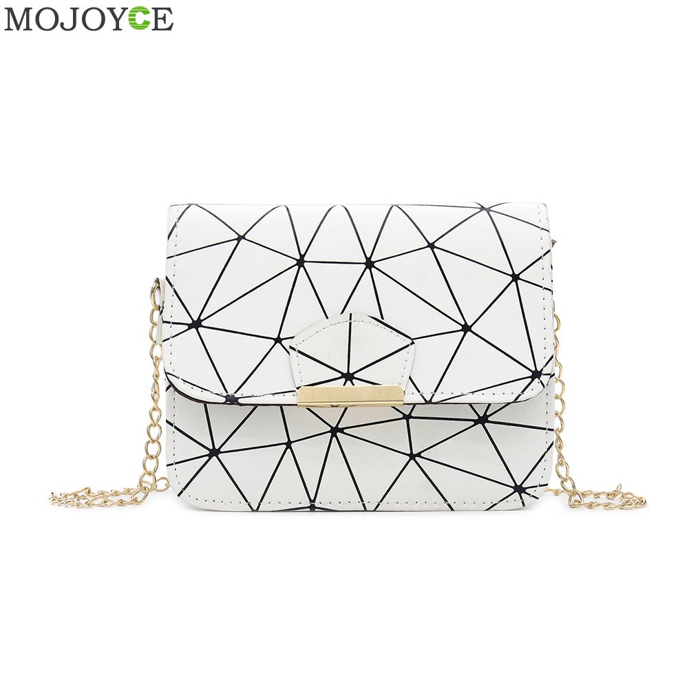 Pu læder geometrisk tryk messenger koreansk taske pung til pige kæde flap crossbody taske til kvinder skuldertasker: Default Title
