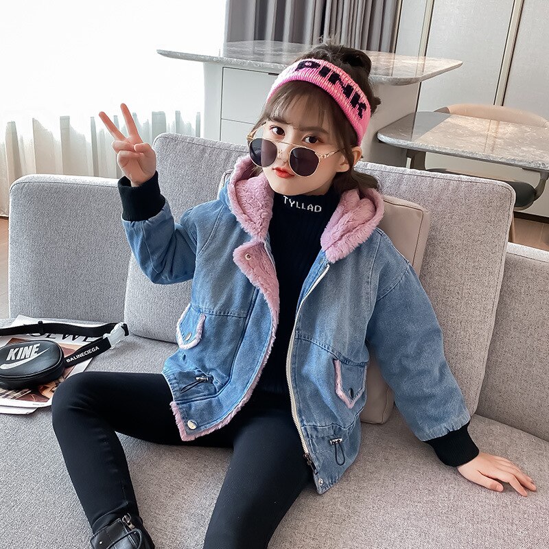 Winter Children's Denim Jackets Teenage Girls Boutique Clothes Velvet Hooded Jean Trench Coat Teen Casual Outerwear Windbreakers: 8T