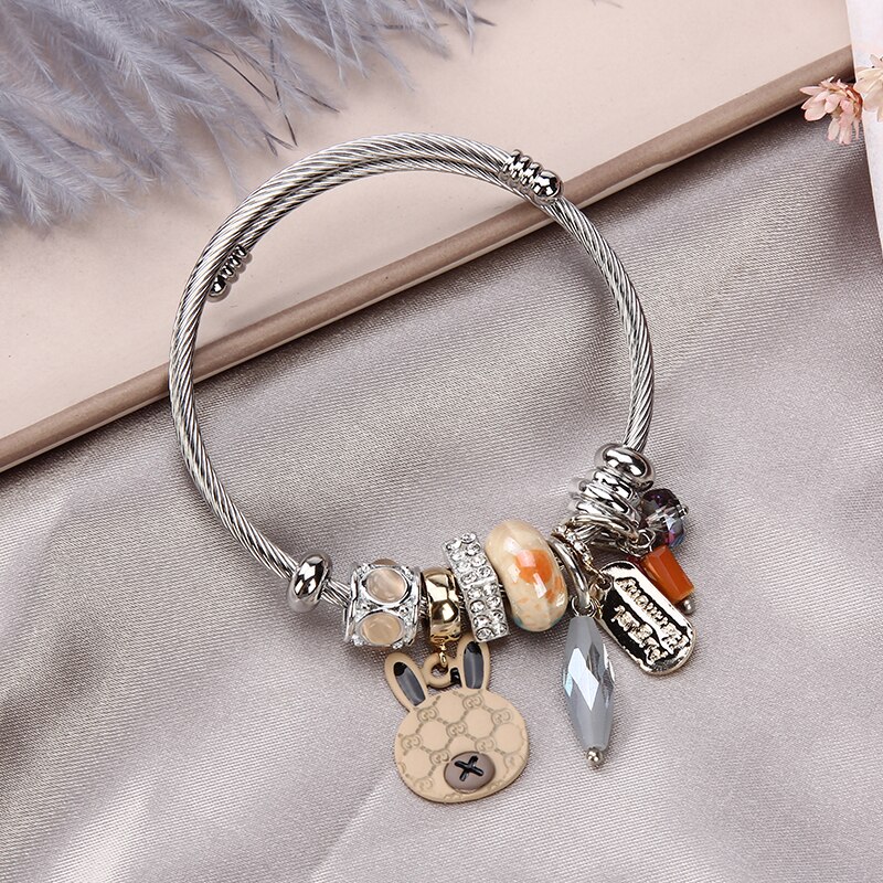 Roestvrijstalen armbanden voor dames sieraden kristal kralen bedels armband bloem dieren hanger armband meisjes: En