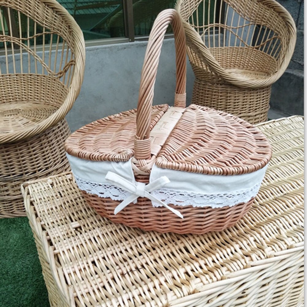 Picnic Basket Hand Made Wicker Camping Shopping Storage Hamper with Lid Picnic Food Basket Woven Fruit Storage Organizer