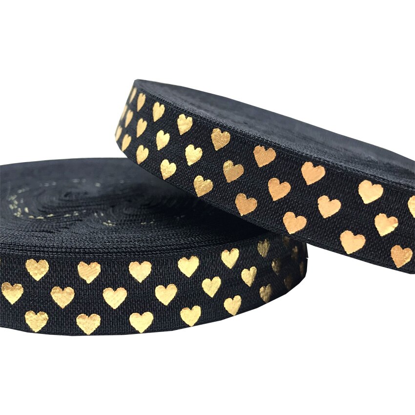 Goudfolie Liefde Hart Gedrukt Vouw Over Elastische Singels 16mm 10 Yards DIY 5/8 "Stretch Handgemaakte Meisjes Haar band Naaien Linten: GS475 Black