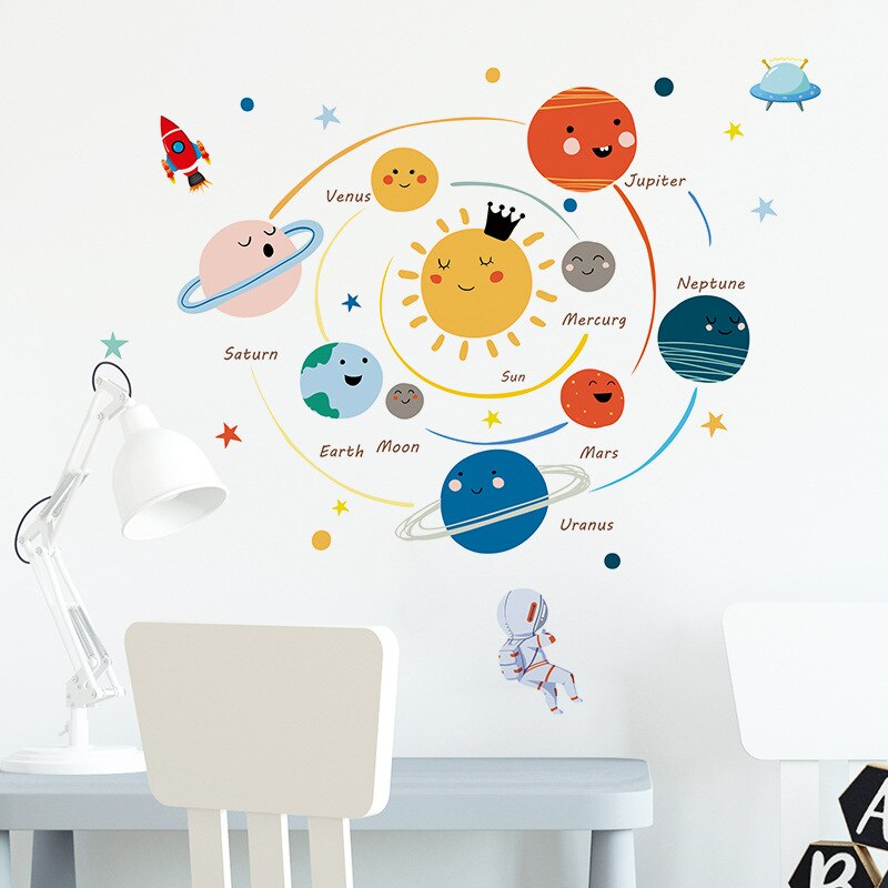 Cartoon Solar System Wall Stickers for Kids Rooms Decoration Funny Planet Mural Decals DIY Home Decor Bedroom Removable Stickers