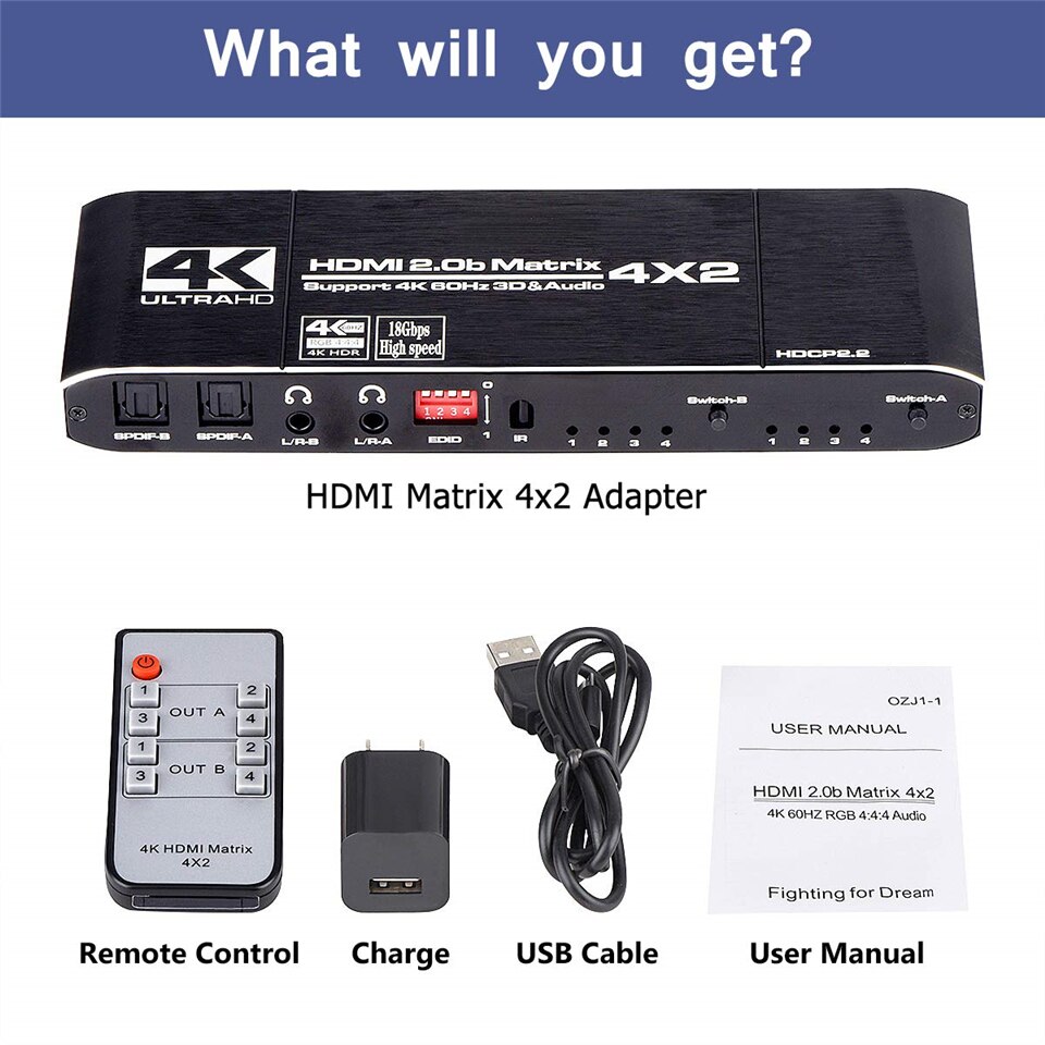 HDMI Matrix 4x2 4K @ 60Hz HDR Switch Splitter 4 in 2 out YUV 4：4：4 Optical SPDIF + 3.5mm jack Audio Extractor HDMI Switcher