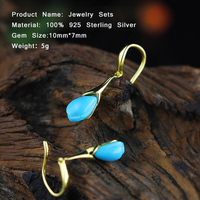 Turquoise Tulip Oorbellen 925 Sterling Zilveren Sieraden Set Voor Vrouwen Natuursteen Hanger Zilver 925 Sieraden SS04