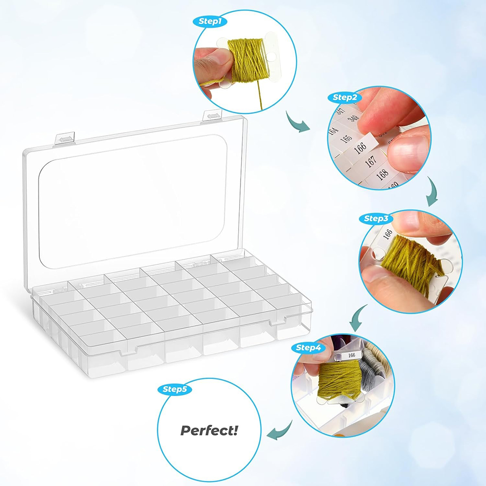 Embroidery Floss Organizer Box Set Compartments Cross Stitch Organizer Box & Plastic Floss Bobbins and Number Stickers for Sewin