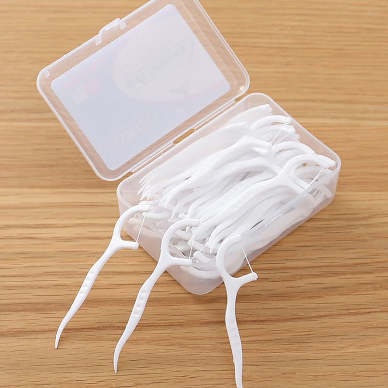 50 unids/caja desechables superfino de hilo Dental con forma de arco diente limpio palillo de dientes higiene Oral herramienta con Estuche portátil