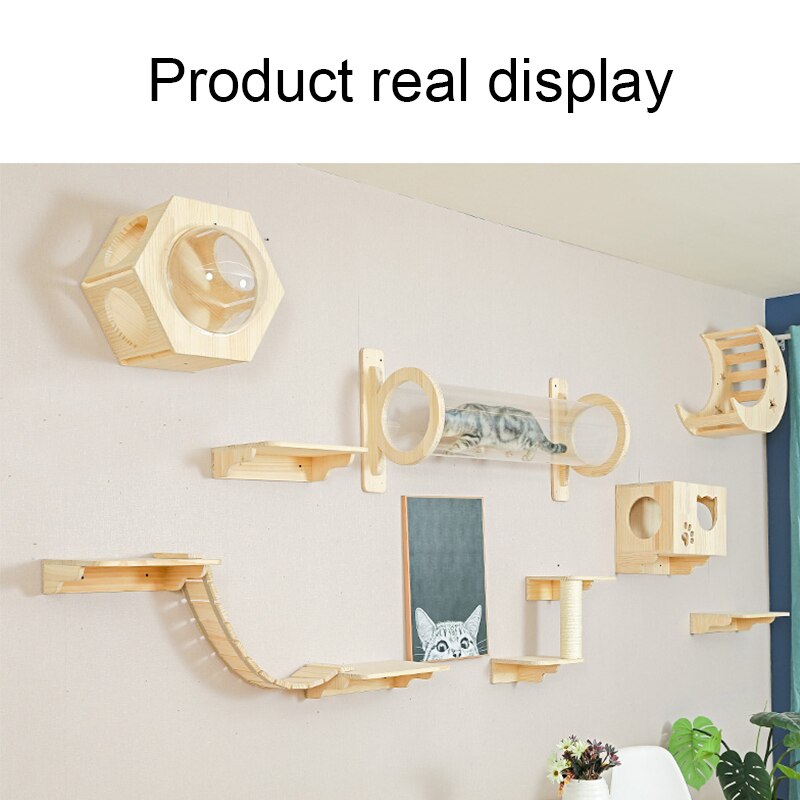 Wall-mounted Cat Bridge Cat Tree House Climbing Frame Star Scratching Post Cat Ladder Step Kitten Jumping Platform Pet Furniture