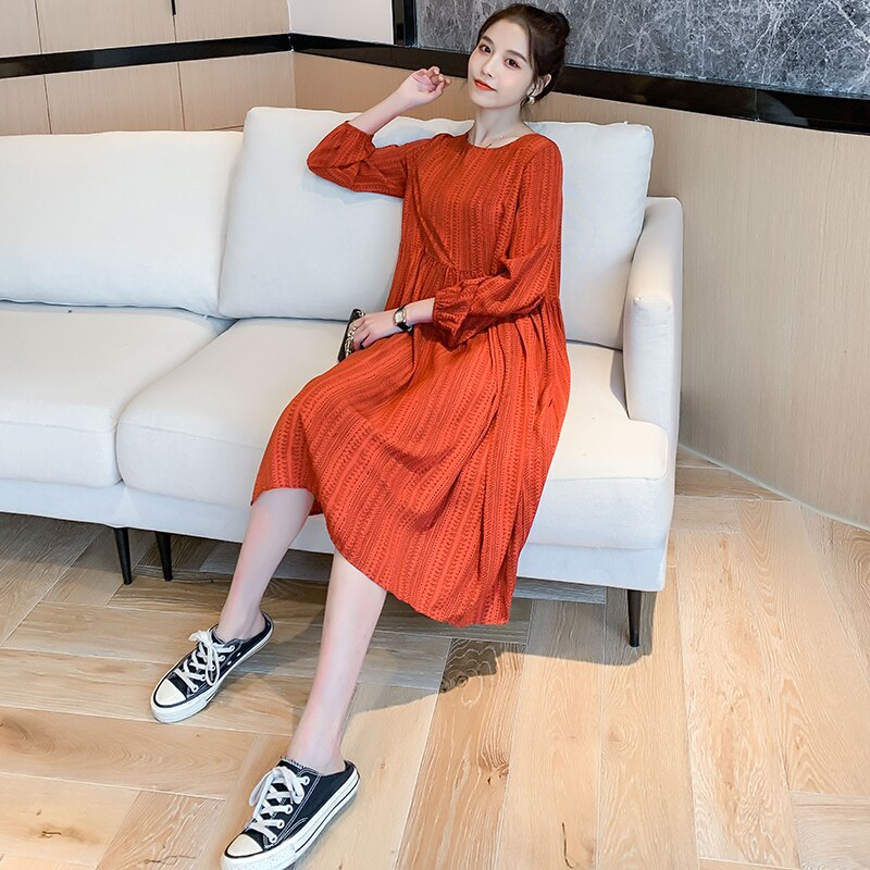 Autumn Plus Size Maternity Long-sleeved Lactation Dress Vintage Nursing Clothes Chiffon Postpartum Women Breastfeeding Dress: no zip orange / XXL