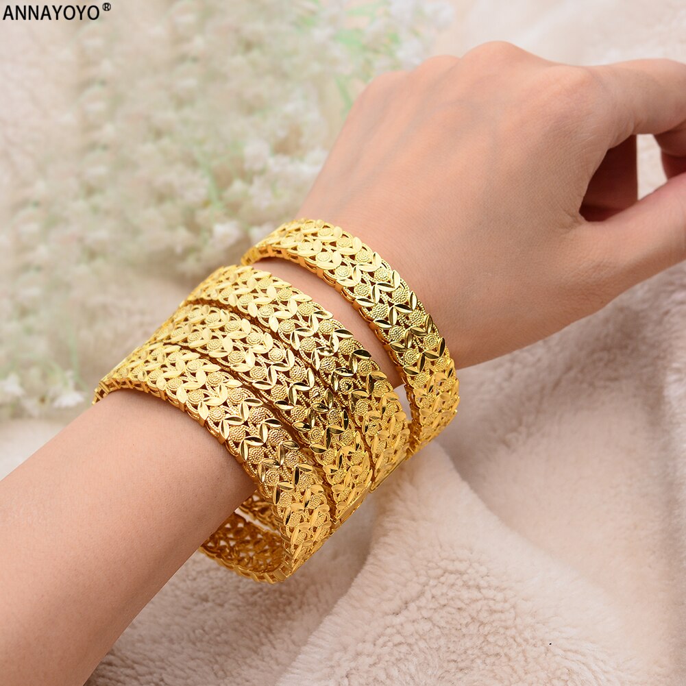 Annayoyo Can open 1pcs Dubai Gold Bangles Width Women Men Gold Bracelets African European Ethiopia Girls Bride Bangles