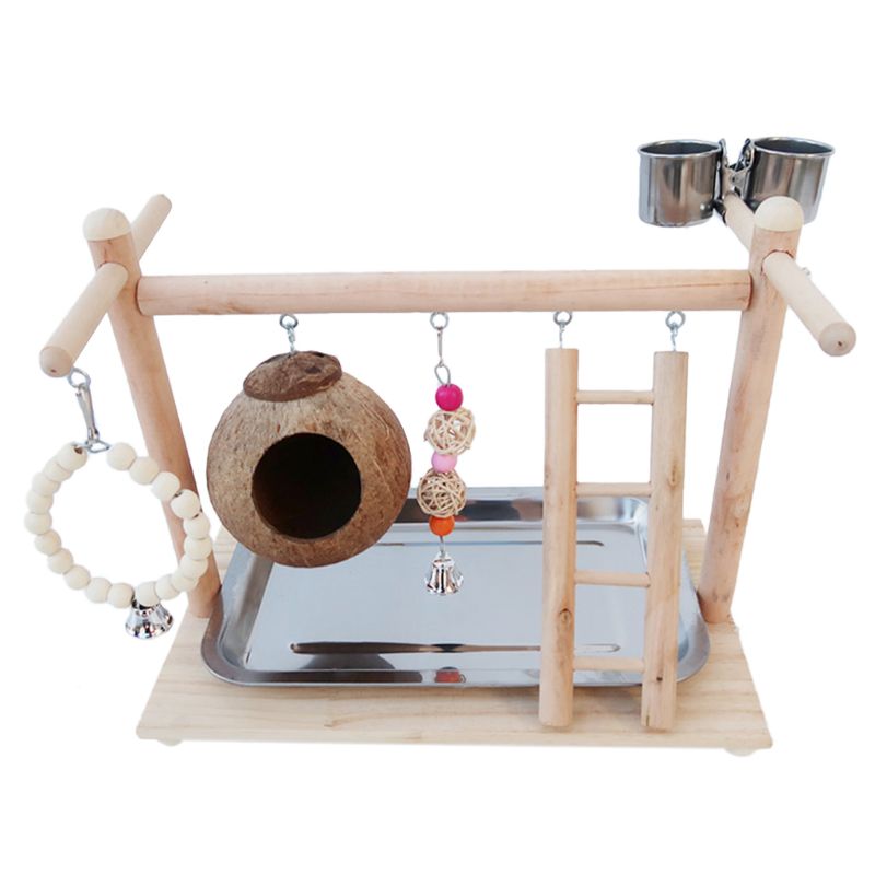 Aire de jeux pour perroquets et oiseaux, perchoir en bois, gymnastique, coquille de noix de coco, Cage à oiseaux, échelle, jouets d&#39;exercice avec coupelles d&#39;alimentation pour les tourtereaux conures
