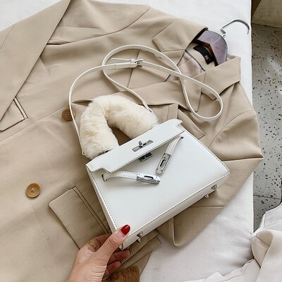 Faux Bont Handvat Kleine Pu Lederen Crossbody Tassen Voor Vrouwen Winter Trending Schouder Handtassen Vrouwen Eenvoudige Handtas: White