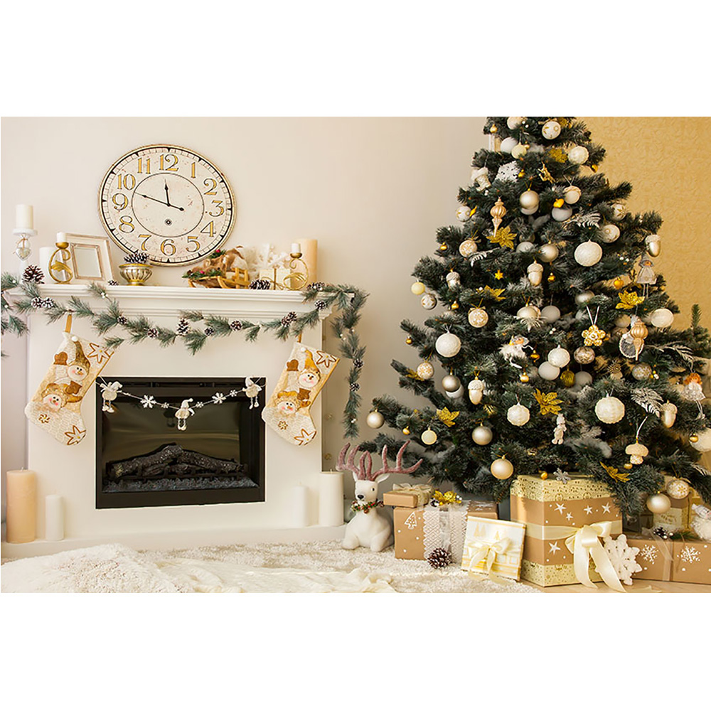 Christmas Tree Winter Portrait Background Photography Fireplace Clock Family Living Room Party Backdrop Socks Photocall