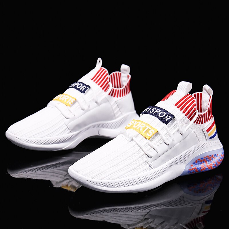 Tennis Shoes for Men Breathable Sports Shoes Lace Up Men Outdoor Jogging Comfortable Sneakers Sock Footwear Tenis Masculino: White / 8.5