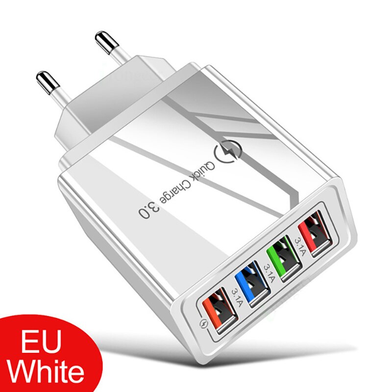 4 portas de carga rápida 3.0 usb carregador eua/ue plug carregador de parede para iphone huawei samsung xiaomi: EU White 4USB