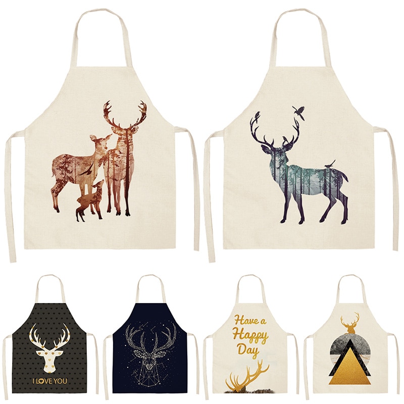 Hertenletter geometrische keukenschorten voor vrouwen katoenen linnen slabbetjes huishoudelijke schoonmaakschort thuis kookschort 53*65cm wql 0197