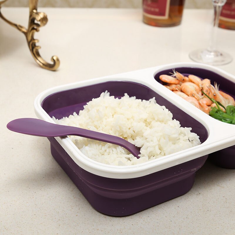 Compartment Food Container with Lid, Bento Lunch Box, Leak Proof, Microwave Safe, Silicone Collapsible Lunch Box