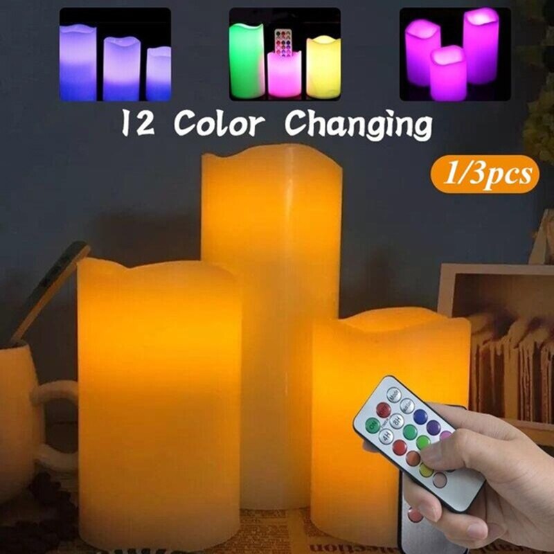 1/3 PCS Electronic Candle Flameless 12 Colors LED Changing Candles Night Light Timing Remote Control Simulation Candle Wedding