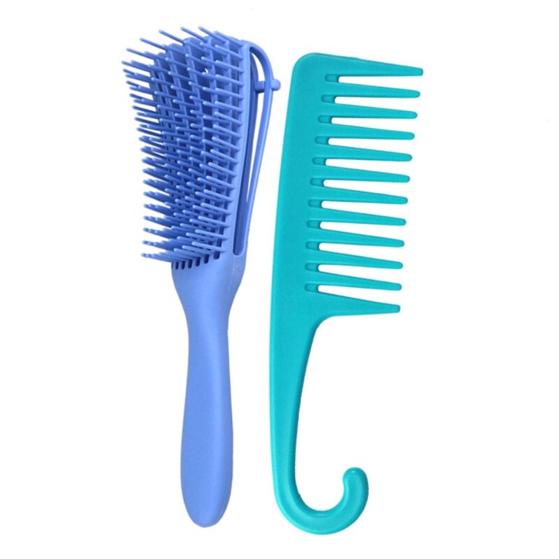 2 Pack Detangling Brush Set Wide Tooth Comb for Curly Hair Textured 3a to 4c R3MF: Blue