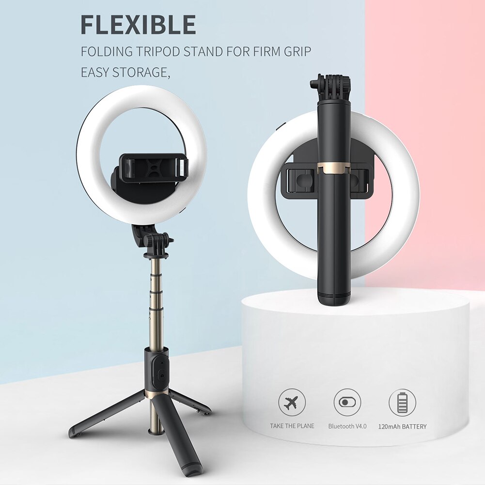 ALLOYSEED Q07 Portable Bluetooth4.0 Selfie Stick Tripod with 6 inch 9-brightness Dimmable LED Ring Light for iOS Android
