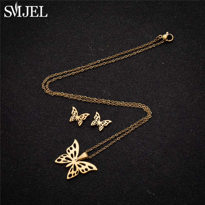 Juegos de joyas para mujer de mariposa de acero inoxidable de estilo coreano, collar con colgante de insecto y abeja de dibujos animados, de boda para playa de verano para niñas