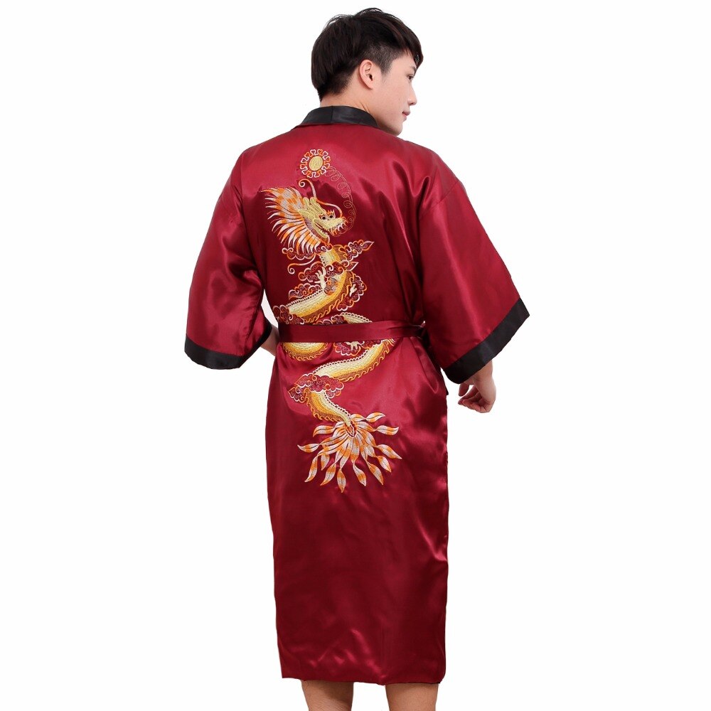 To side broderi drage mænd satin kimono kappe sort rød vendbar badekåbe afslappet nattøj nattøj med bælte