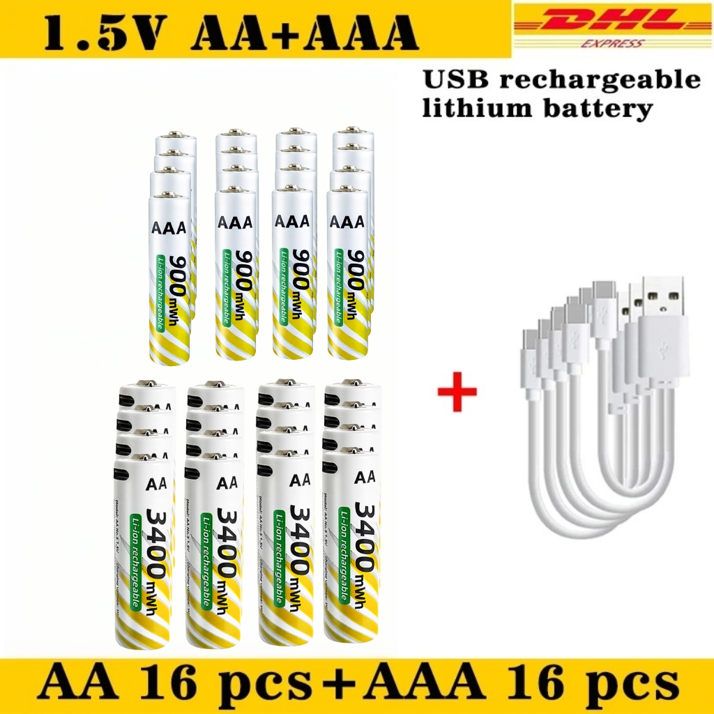 1.5V AA 3400mWh + AAA 900mWh Rechargeable Lithium Battery Set with USB-C Fast Charging Type C Cable air transport