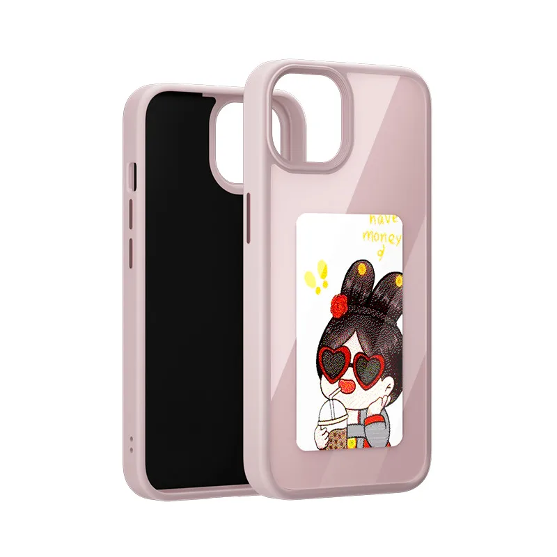 Funda de teléfono con función NFC de nueva tecnología para Iphone 15 14 13 Pro Max, Fundas DIY con pantalla de tinta electrónica, funda de teléfono con dibujos animados para chica, Fundas sin batería: PE / Rosa