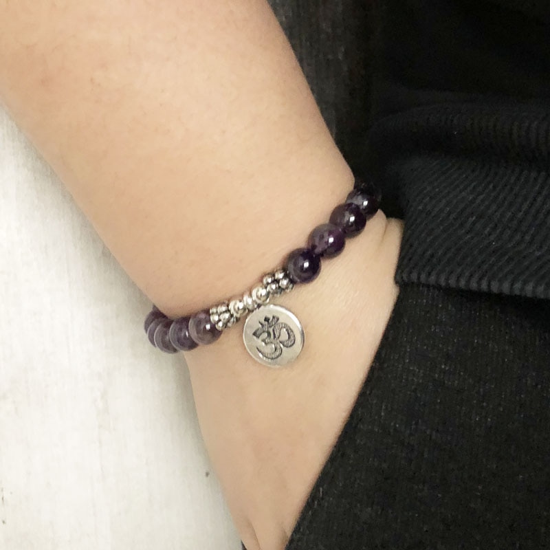 Ametyster buddha armbånd yoga lotus charme håndled lilla sten beaded buddhist armbånd til kvinder og mænd