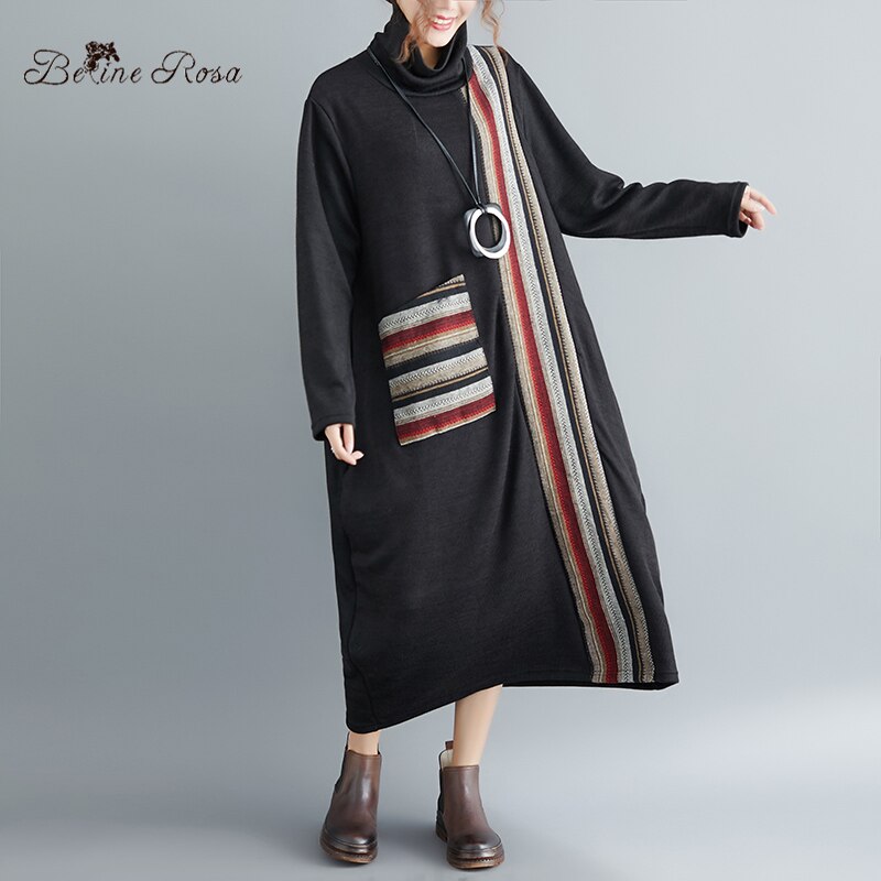 BelineRosa-Vestidos largos tejidos de estilo Retro para mujer, vestido de invierno a rayas con cuello alto YPYC0021