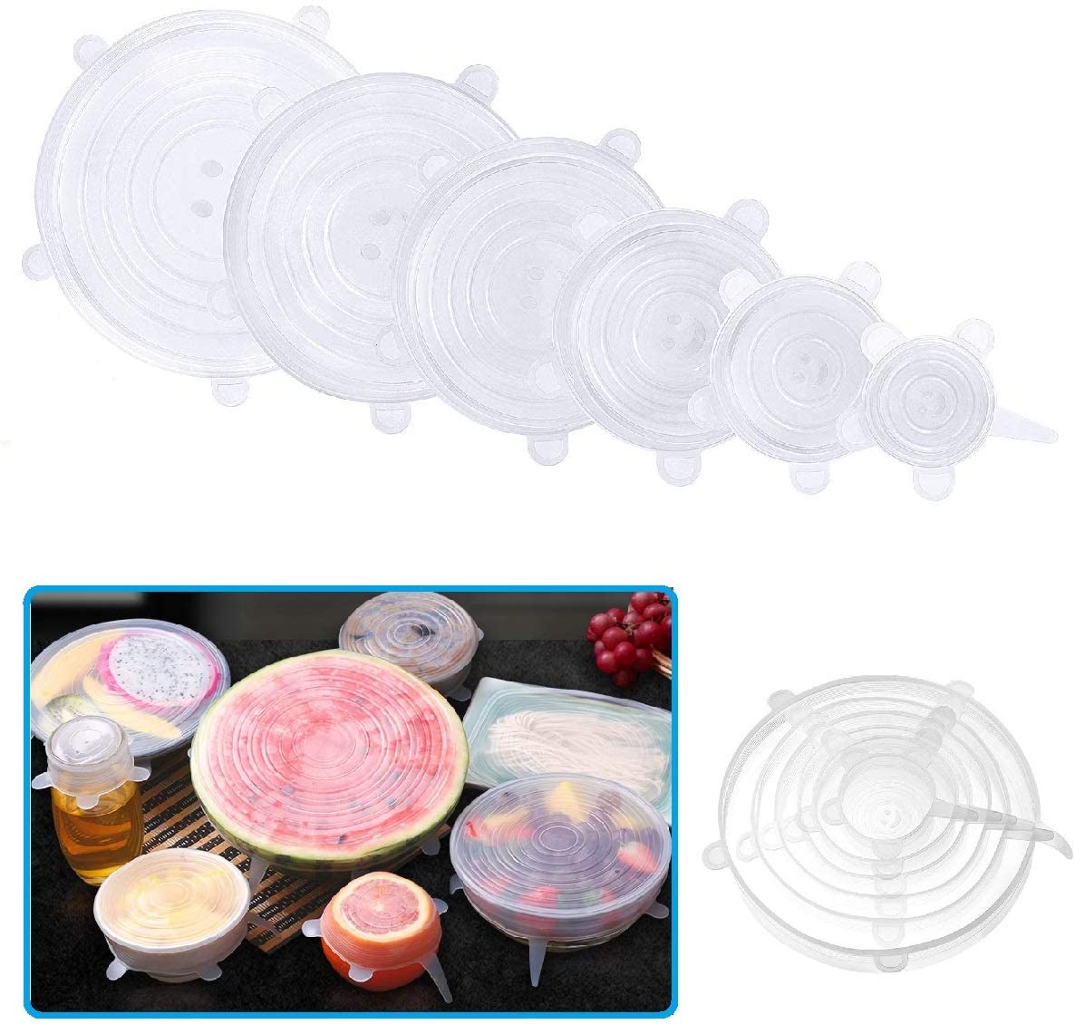 Reusable Silicone Lids Food and Bowl Covers 6-Pack Multiple Sizes, Durable and Expandable Food Covers Set, Keeping Food Fresh