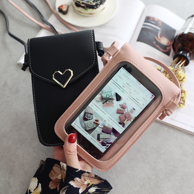 Women's Touch Screen Cell Phone Purse Heart Decor Smartphone Shoulder Bag Solid Phone Wallets Women Leather Card Holder Clutch