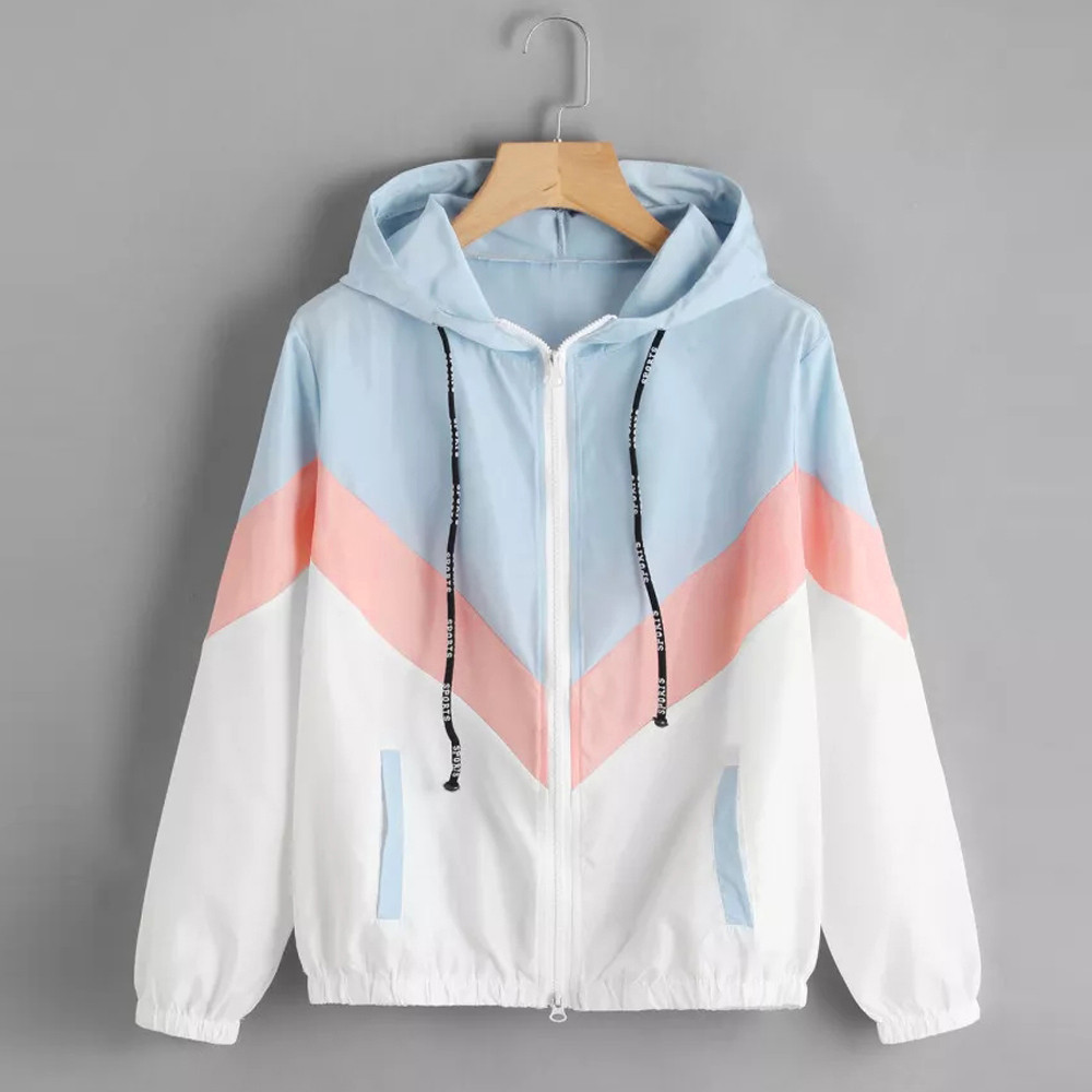 Hiver popeline poches zippées vestes de plein air basique Patchwork mince manteau rabattu fermeture éclair col décontracté manteau à capuche: L