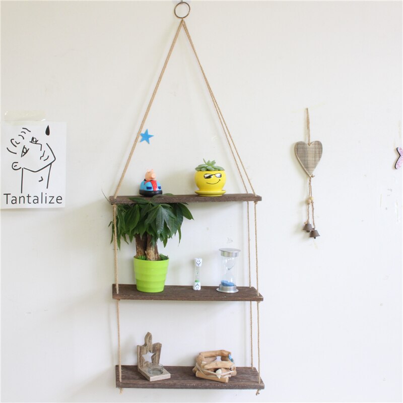 Étagère murale flottante décorative pour la maison, balançoire en bois, corde suspendue, montage d'intérieur, pot de fleurs pour plantes, décoration d'extérieur: M / 3 layers retro color