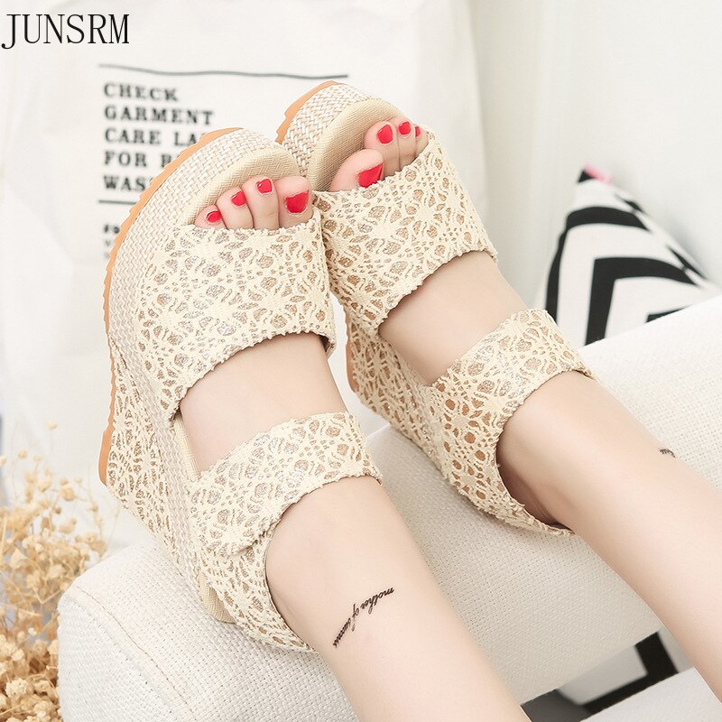 Zomer Frosted Wig Vis Mond Sandalen Vrouwen Comfortabele Hoge Hak Platform Platform Open Teen Schoenen