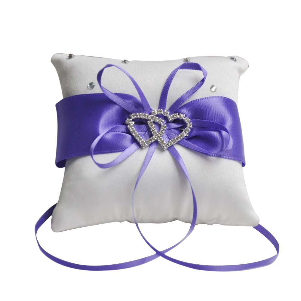 Wedding Ring Pillow Ribbon Bowknot Rhinestones Heart Decoration Party Satin Cushion INTE99: Purple 20x20CM